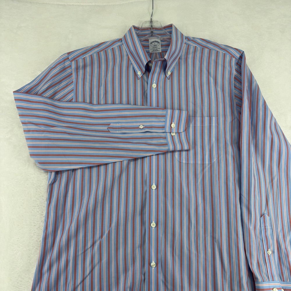 Brooks Brothers 1818 Regent Mens Blue Red Striped Non-Iron Cotton Shirt Large